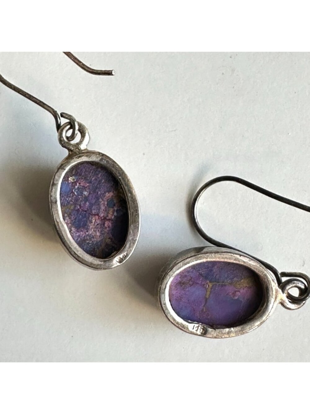 Sterling Silver 925 Purple Copper Turquoise Cabochon Drop Earrings Bohemian - Picture 6 of 7